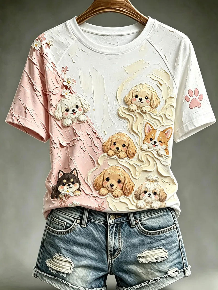 Camiseta casual com estampa de arte de cães para mulheres