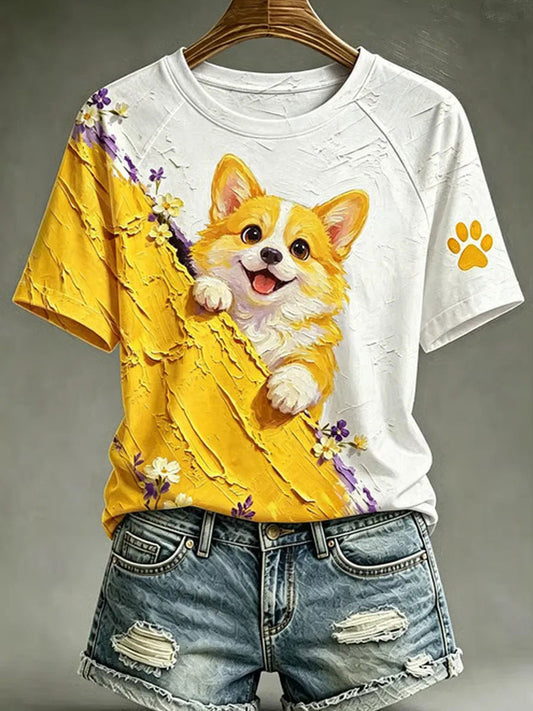 Camiseta casual com estampa de arte de cães para mulheres