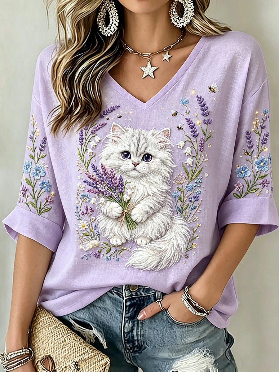 Mulheres elegante lavanda & gato arte impressão linho de manga curta T-shirt