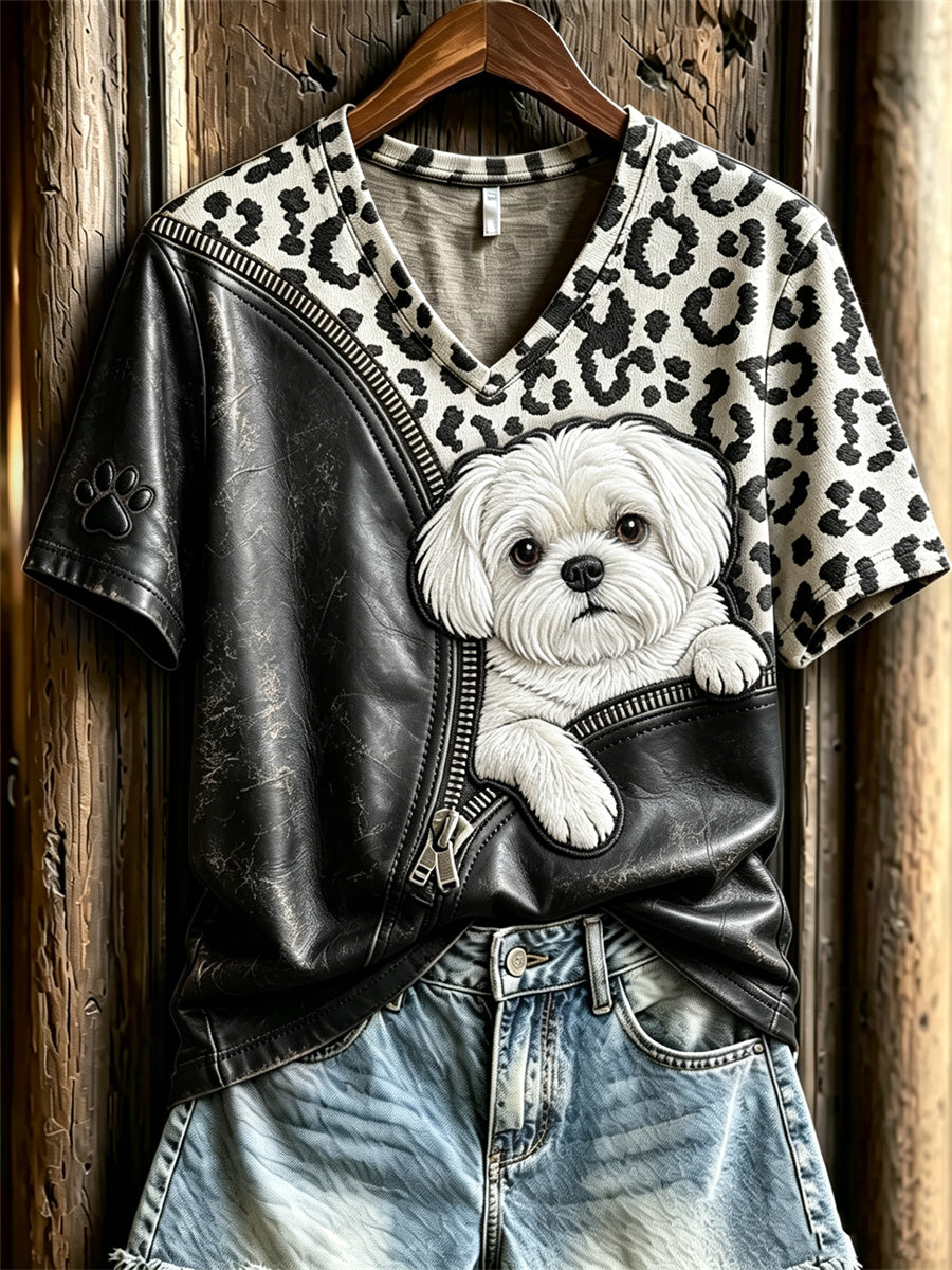 Peeking cão maltês feminino descompactado leopardo impressão t-shirt de manga curta