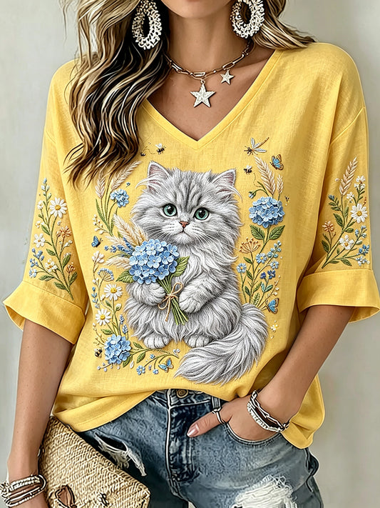 Mulheres elegante hortênsia & gato arte impressão linho t-shirt de manga curta