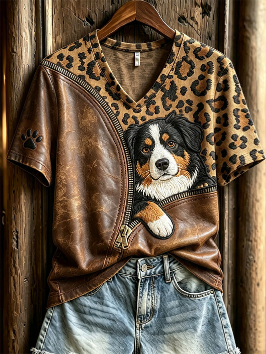 Peeking Bernese Mountain Dog do mulheres descompactado leopardo impressão t-shirt de manga curta