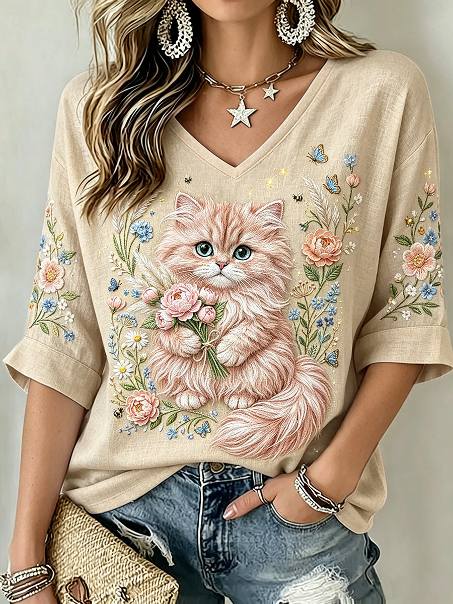 Gato Floral elegante arte impressão linho t-shirt de manga curta feminino