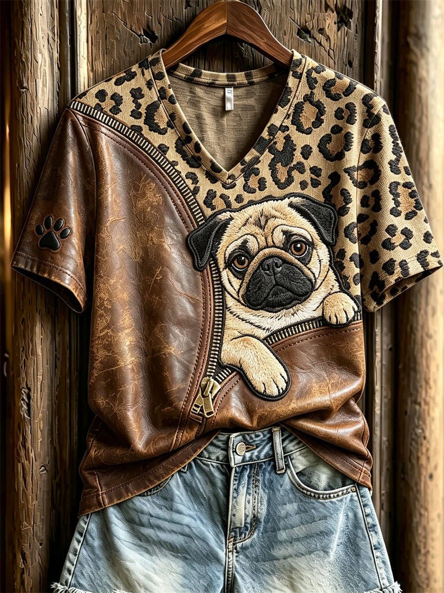 Peeking Pug Dog feminino descompactado leopardo impressão t-shirt de manga curta