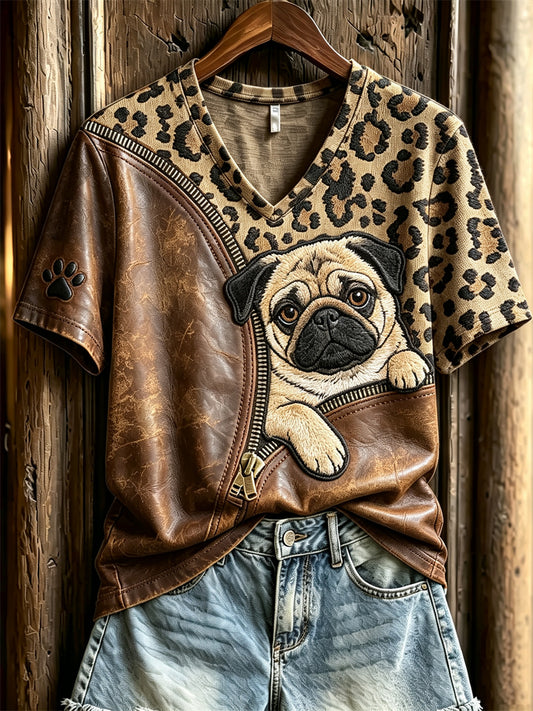 Peeking Pug Dog feminino descompactado leopardo impressão t-shirt de manga curta