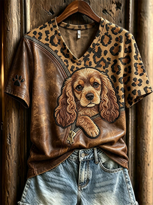 Cão de Cocker Spaniel feminino espreitar leopardo impressão t-shirt de manga curta