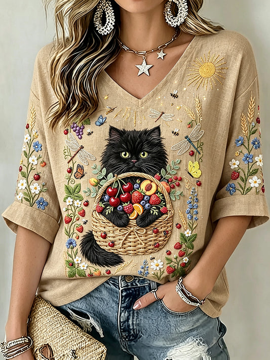 Frutas de classe das mulheres & gato preto arte impressão linho de manga curta T-shirt
