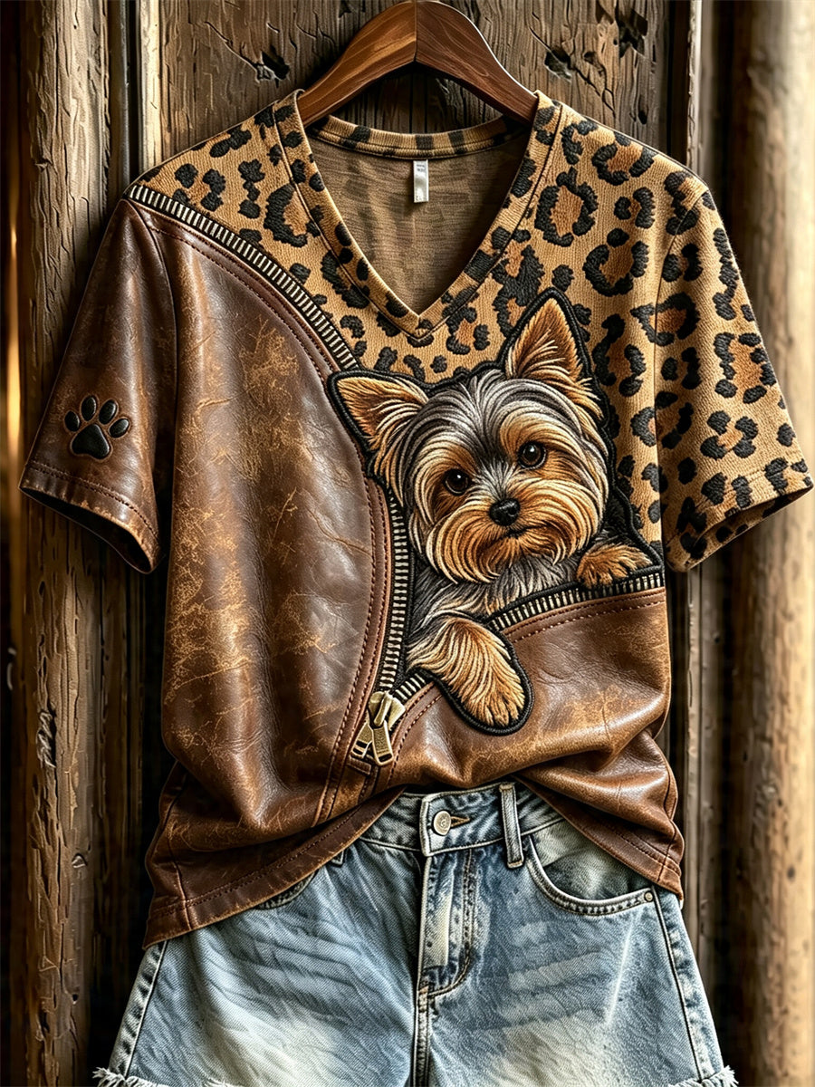 Peeking cão Yorkshire Terrier feminino descompactado leopardo impressão t-shirt de manga curta