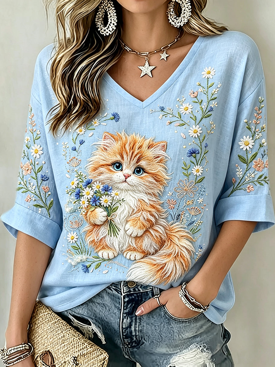 Mulheres's elegante Wildflowers gato arte impressão linho de manga curta t-shirt