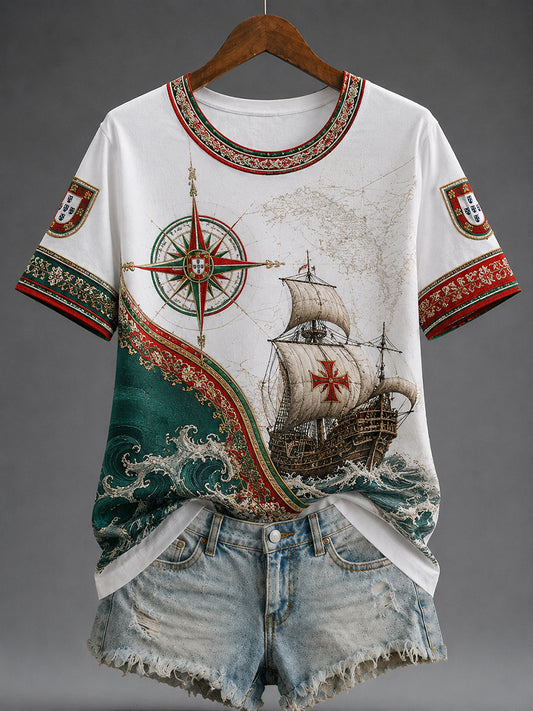 Camiseta com Estampa Artística de Elementos Culturais Patrióticos do Espírito Marítimo Português Feminino