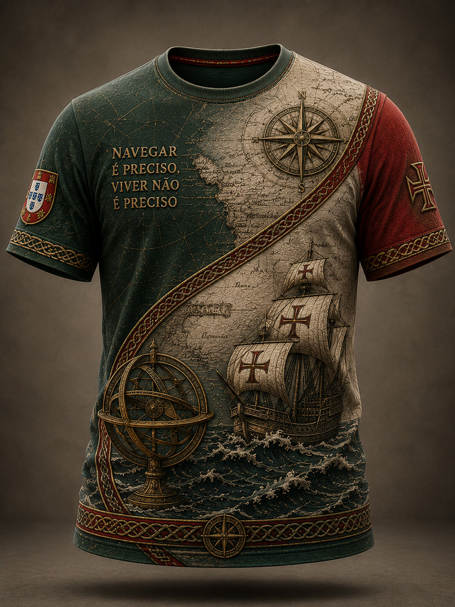 Camiseta com estampa artística de elementos culturais patrióticos e espírito náutico português para homens