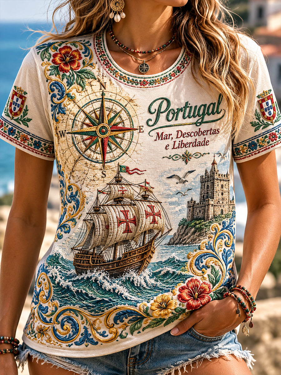 Camiseta com Estampa Artística de Elementos Culturais Patrióticos do Espírito Marítimo Português Feminino