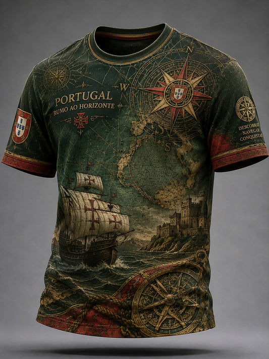 Camiseta com estampa artística de elementos culturais patrióticos e espírito náutico português para homens