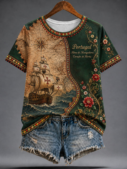 Espírito Marítimo Português de Mulheres Elementos Culturais Patrióticos Art Print T-Shirt
