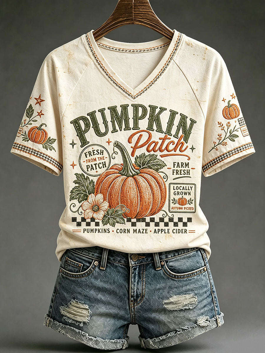 Camisetas Femininas Fall Pumpkin V-Neck