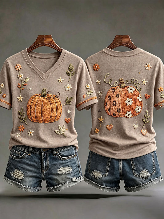 Camisetas de outono para mulheres, com decote em V e estampa de abóbora
