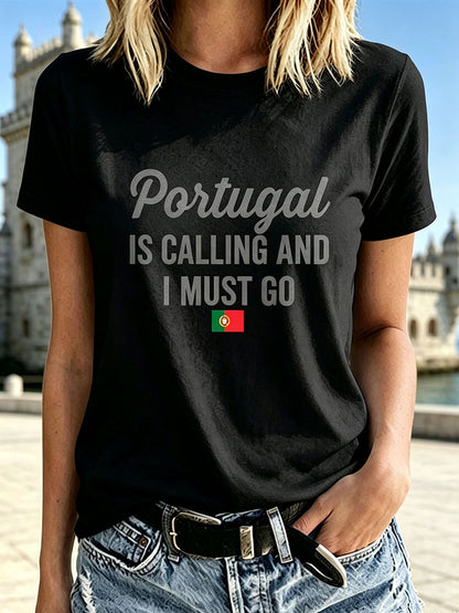 Camiseta Casual Estampada 'Portugal Está Chamando E Eu Devo I' Feminina