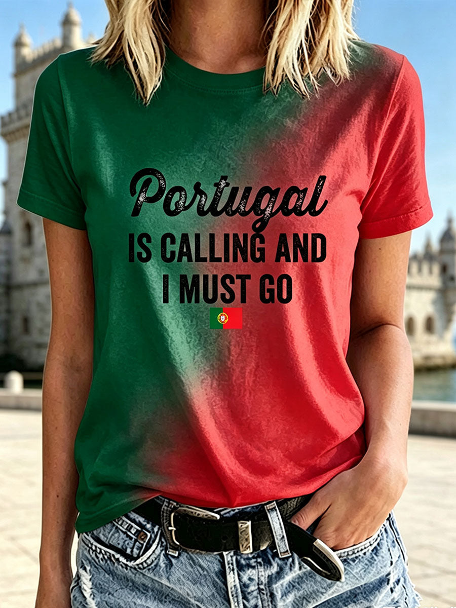 Camiseta Casual Estampada 'Portugal Está Chamando E Eu Devo I' Feminina