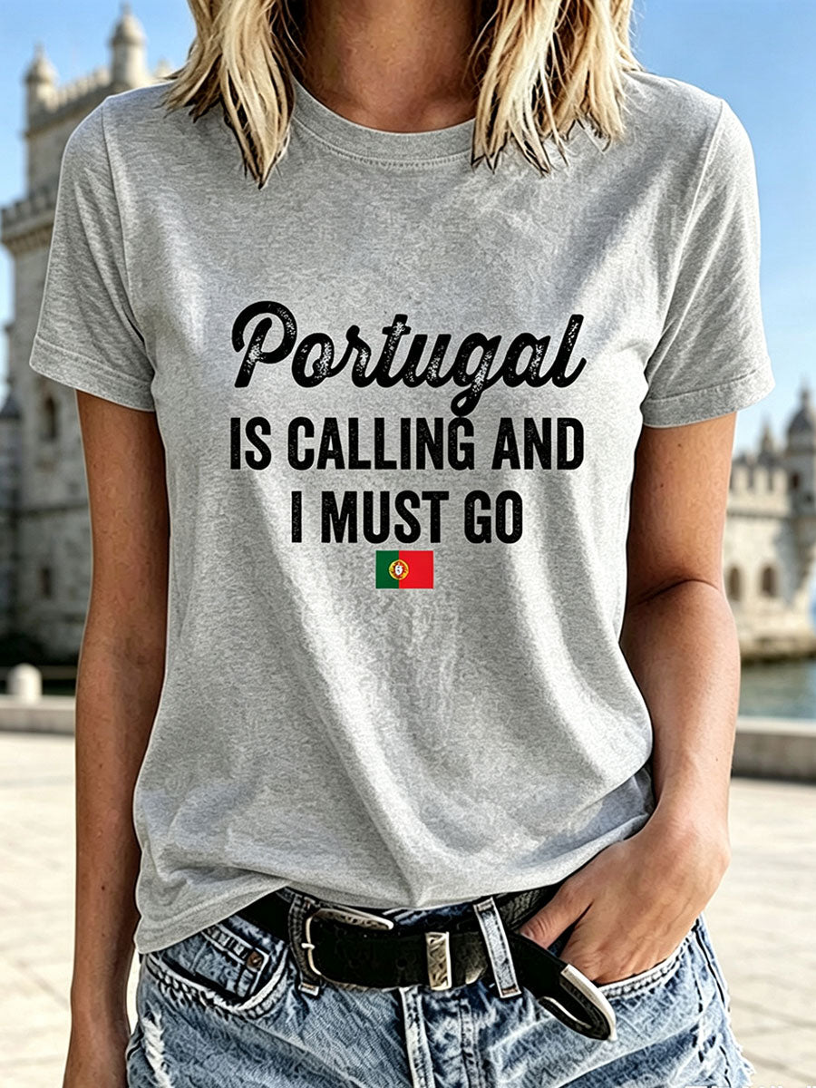 Camiseta Casual Estampada 'Portugal Está Chamando E Eu Devo I' Feminina