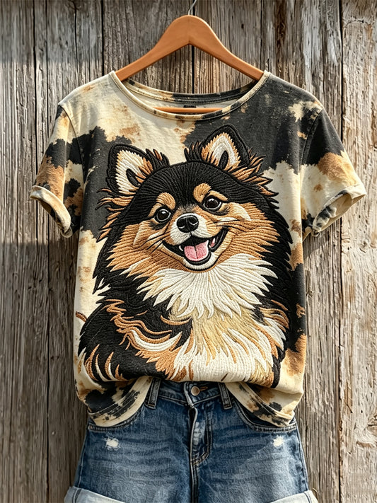 Pom Dog & Dog Coat Pattern Print T-shirt de manga curta feminino