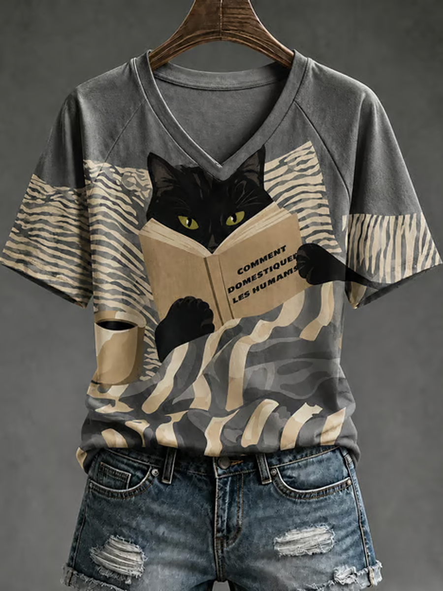 Gato bonito impressão V-neck off-ombro T-shirt de manga curta feminino