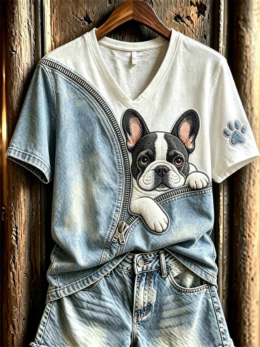 Women's Peeking Frenchbulldog Unzipped Denim Print camiseta de manga curta