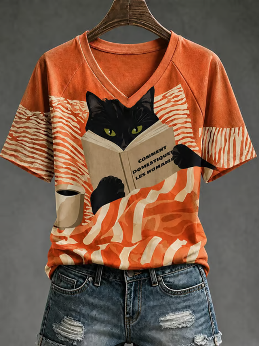 Gato bonito impressão V-neck off-ombro T-shirt de manga curta feminino
