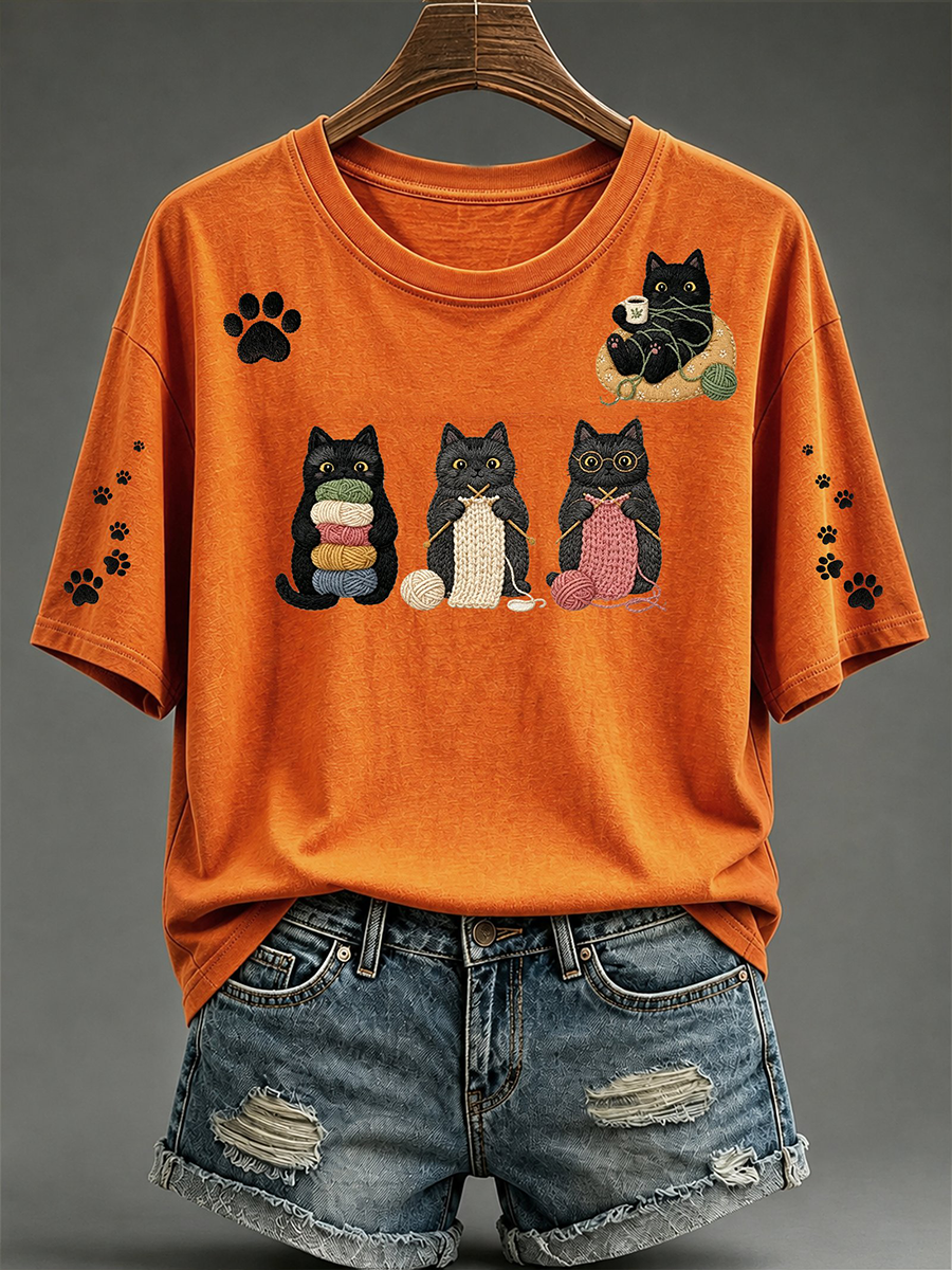 Camiseta feminina de mangas curtas com estampa de gato fofa