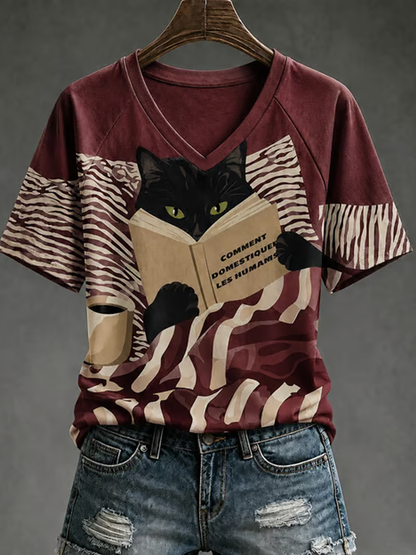Gato bonito impressão V-neck off-ombro T-shirt de manga curta feminino