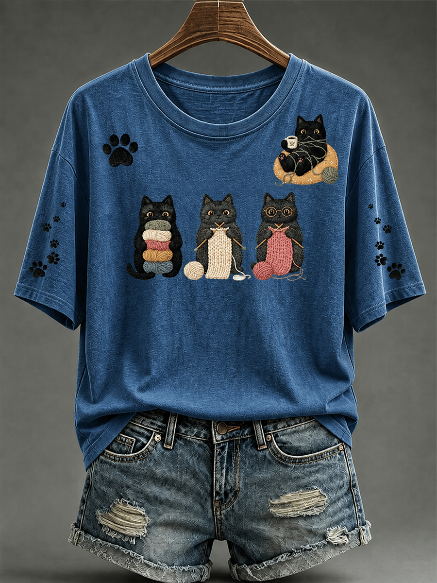 Camiseta feminina de mangas curtas com estampa de gato fofa
