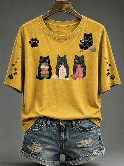 Camiseta feminina de mangas curtas com estampa de gato fofa