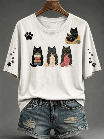 Camiseta feminina de mangas curtas com estampa de gato fofa