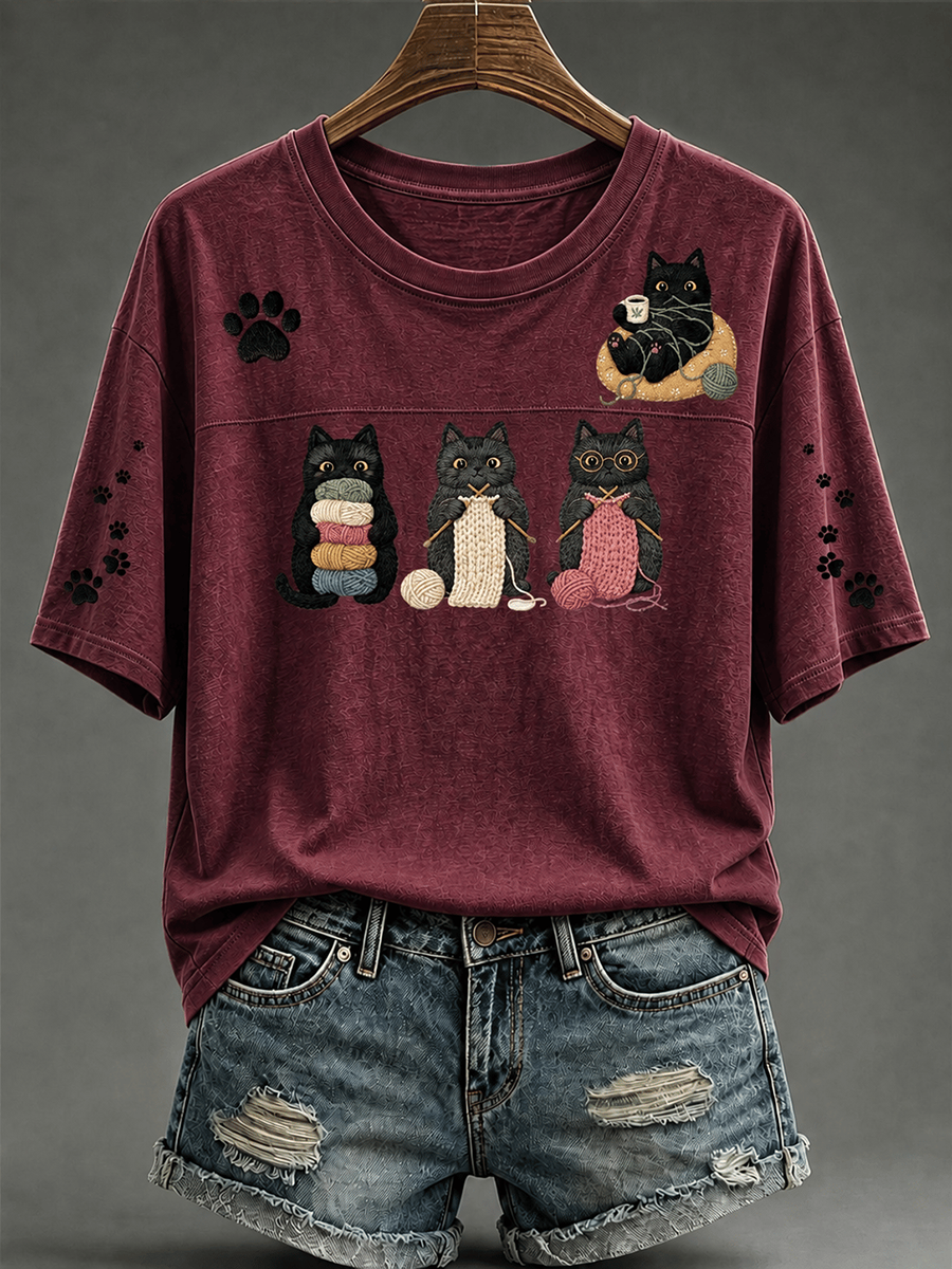 Camiseta feminina de mangas curtas com estampa de gato fofa