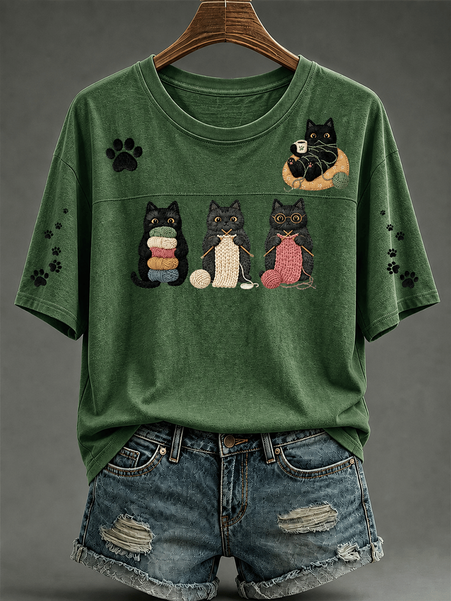 Camiseta feminina de mangas curtas com estampa de gato fofa
