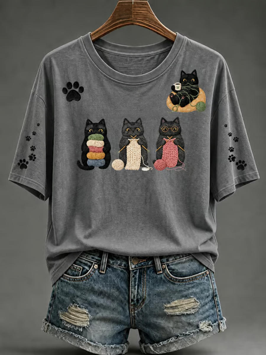 Camiseta feminina de mangas curtas com estampa de gato fofa