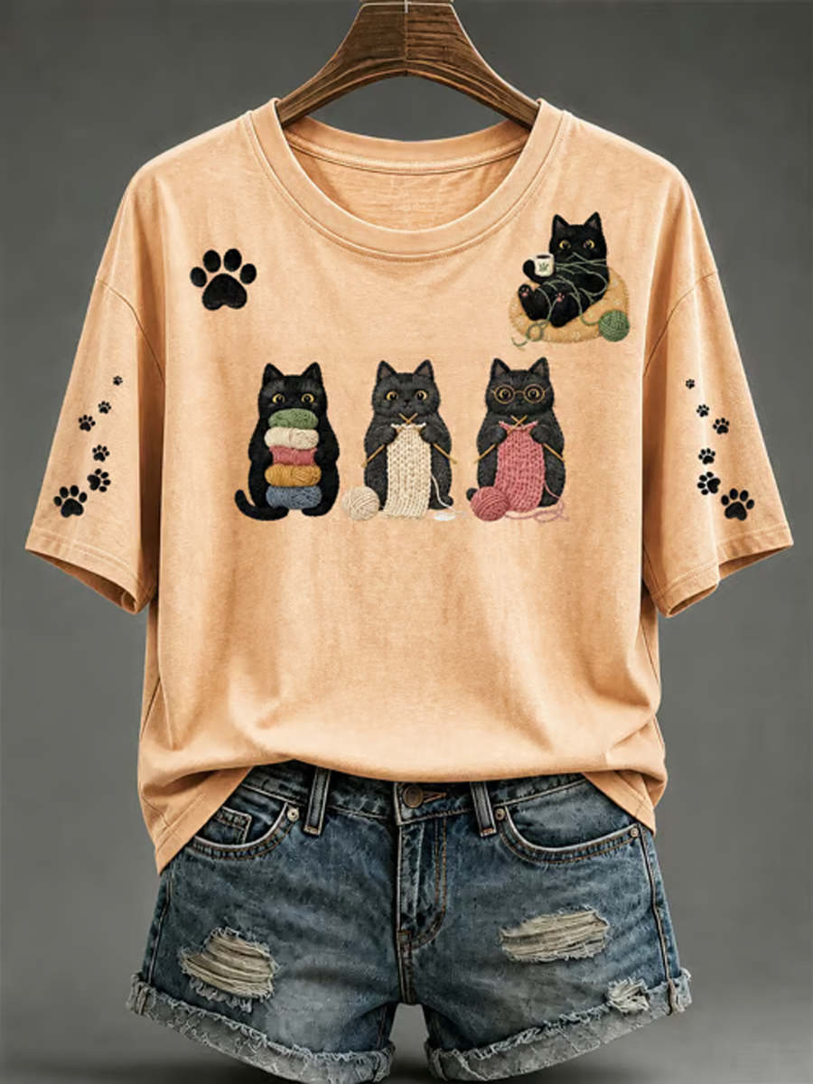 Camiseta feminina de mangas curtas com estampa de gato fofa