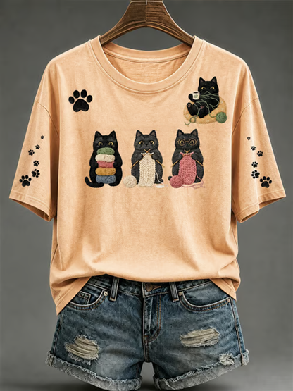 Camiseta feminina de mangas curtas com estampa de gato fofa