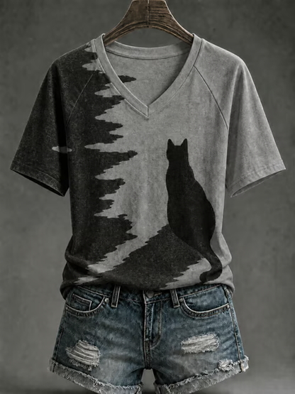 Camiseta feminina com estampa de gato, decote em V e mangas curtas estilo ombro a ombro