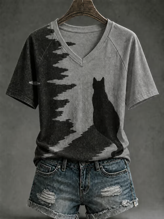 Camiseta feminina com estampa de gato, decote em V e mangas curtas estilo ombro a ombro