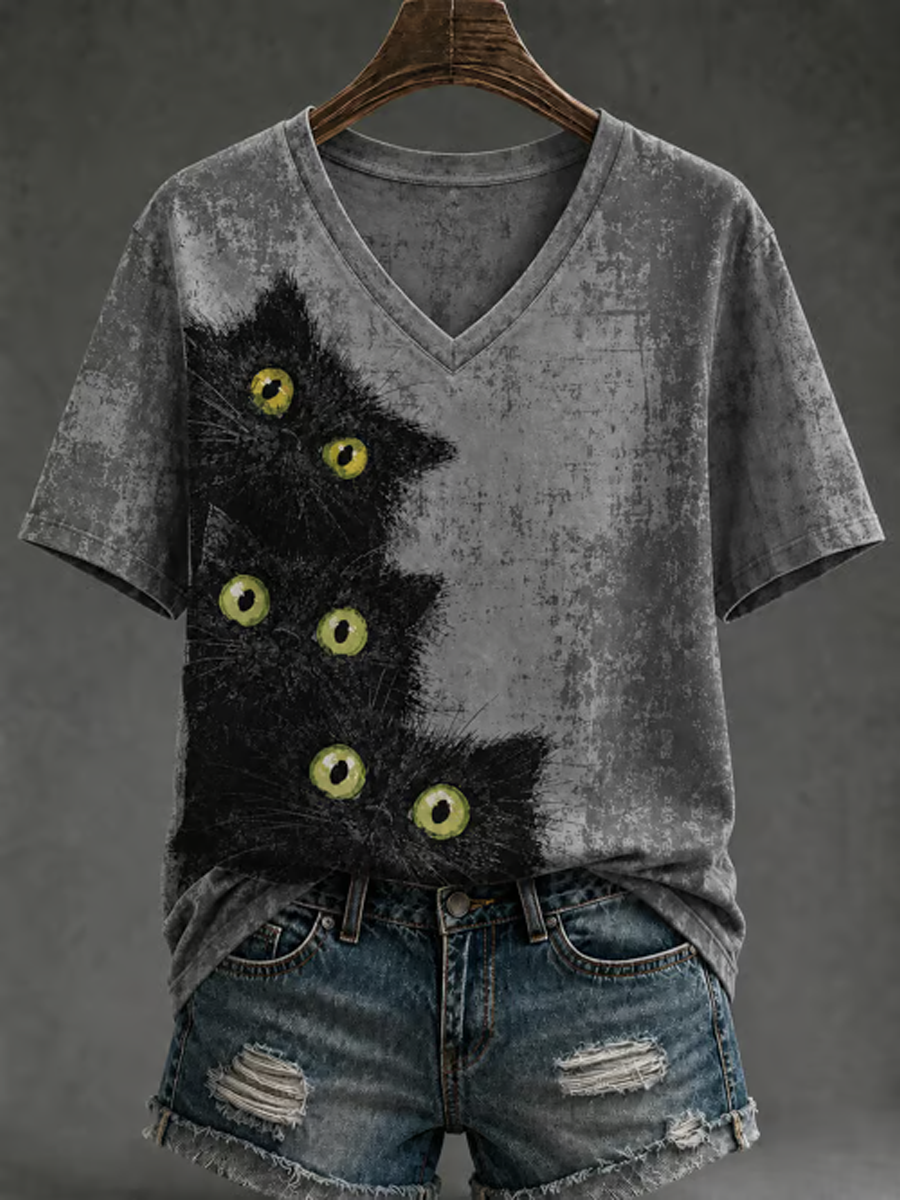 T-shirt de manga curta estampada gato bonito feminino