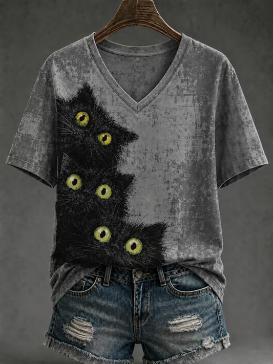 T-shirt de manga curta estampada gato bonito feminino