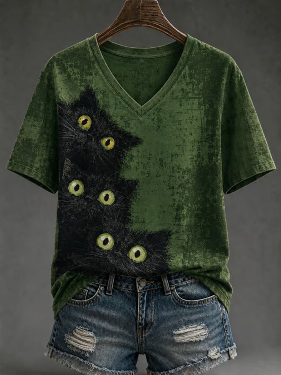 T-shirt de manga curta estampada gato bonito feminino