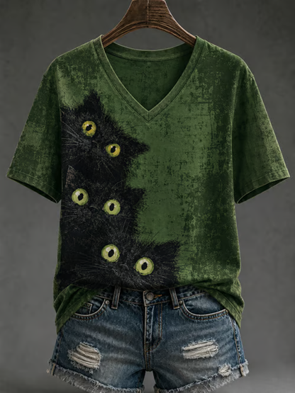 T-shirt de manga curta estampada gato bonito feminino