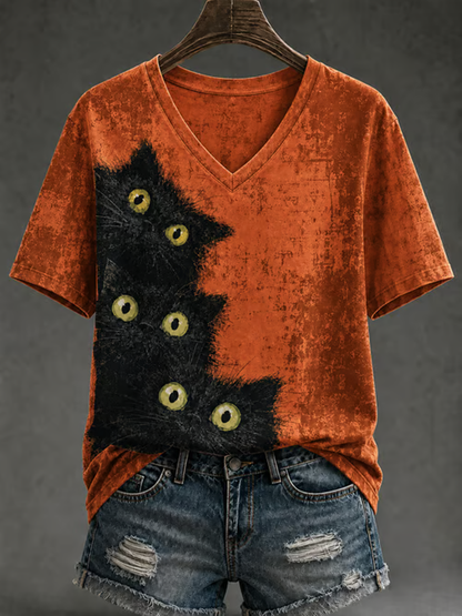 T-shirt de manga curta estampada gato bonito feminino