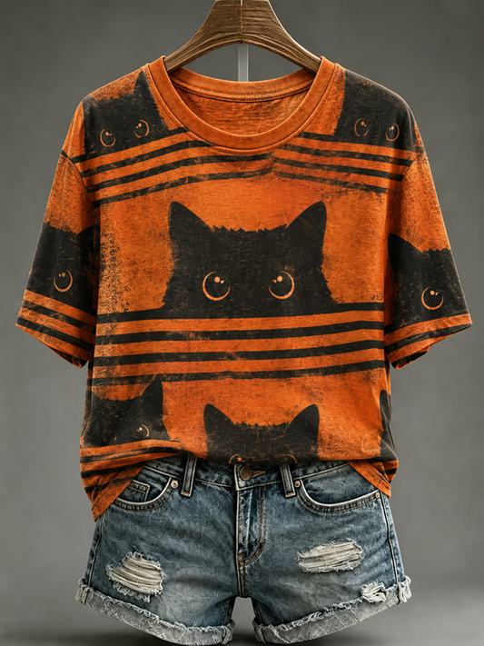 Camiseta feminina de mangas curtas com estampa de gato fofa