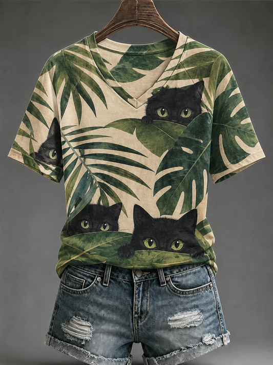 Camiseta feminina de mangas curtas com estampa de gato fofa