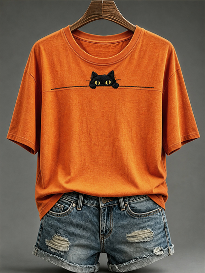 Camiseta feminina de mangas curtas com estampa de gato fofa