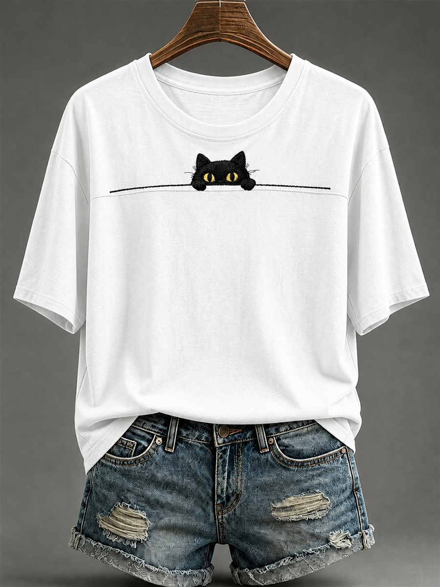Camiseta feminina de mangas curtas com estampa de gato fofa