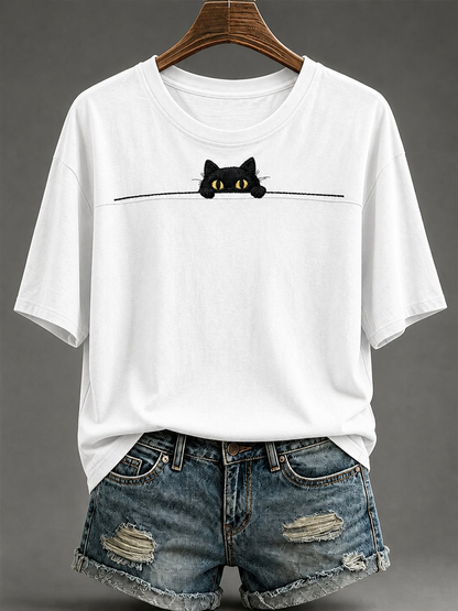 Camiseta feminina de mangas curtas com estampa de gato fofa