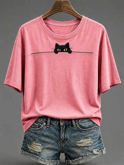 Camiseta feminina de mangas curtas com estampa de gato fofa